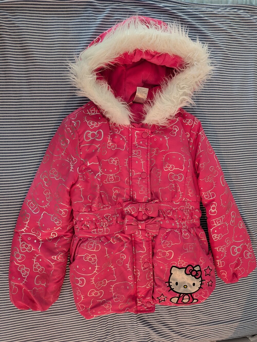 Hello Kitty Girls 6x Pink Winter Puffer Jacket with White Fur Hood